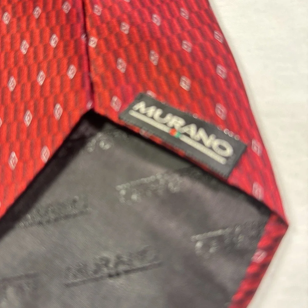 Vtg Murano Mens Necktie Tie Red Grey Geometric Silk 58